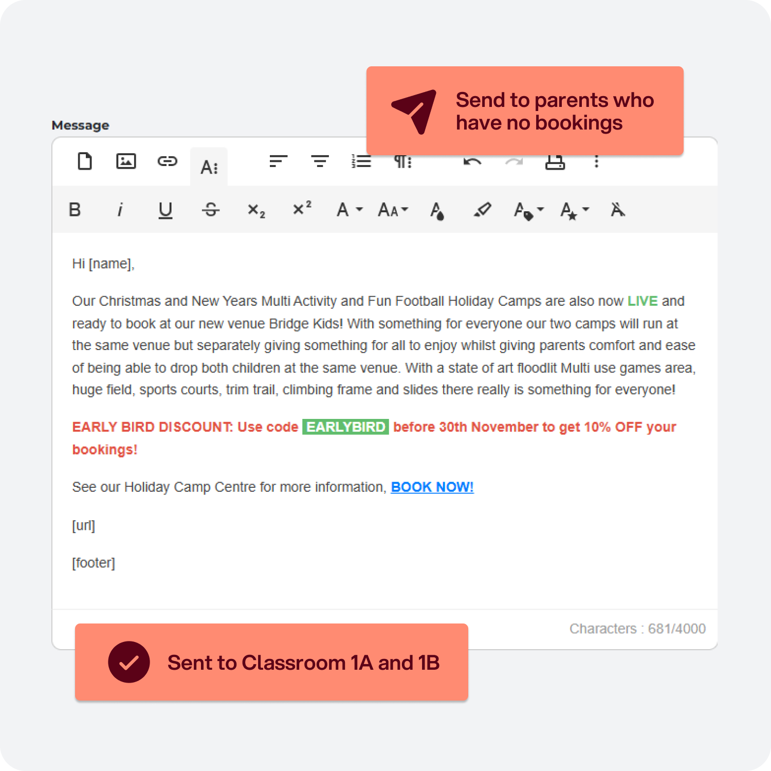 Customise and personalise emails and SMS to parents and guardians with MagicBooking